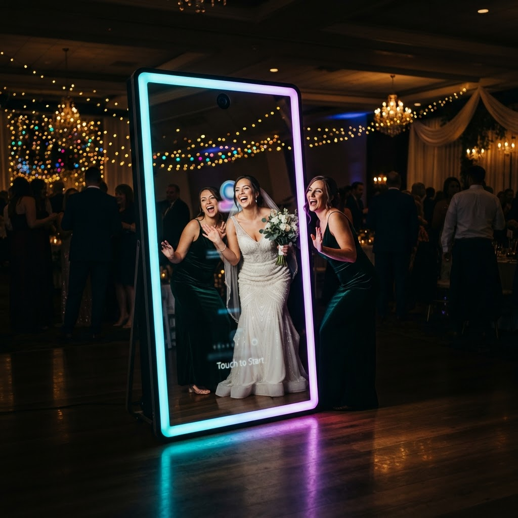 Guests experiencing The Perfect Selfie Mirror Air photo booth.